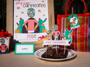 Luchador Party Printable! Complete Kit includes cupcake toppers, banner, origina designs, cute cactus, wrestler, and dinosaur. 